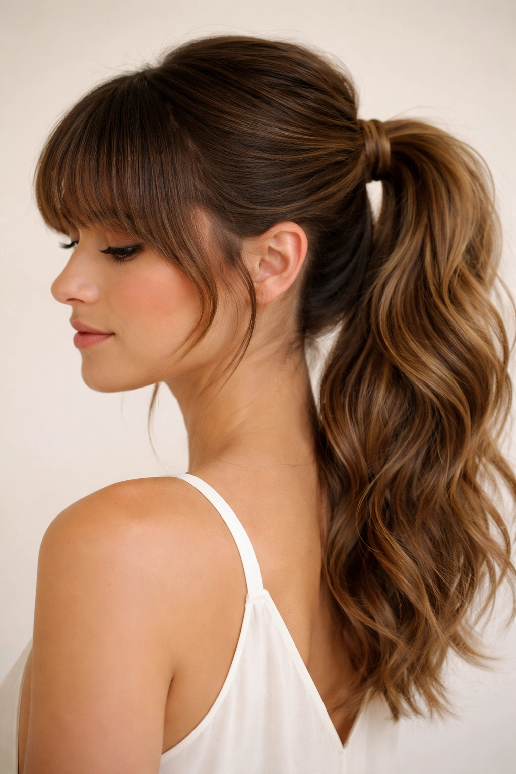 Close-up of ponytail with wrapped base and thick bangs