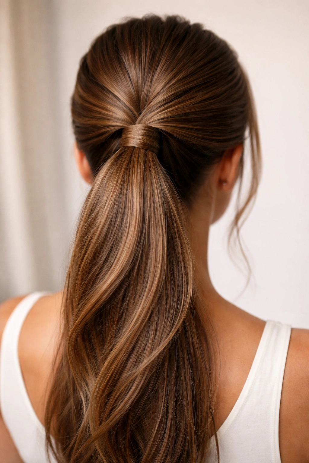 Close-up of a wrapped-base double weave ponytail with front woven strands hiding the elastic
