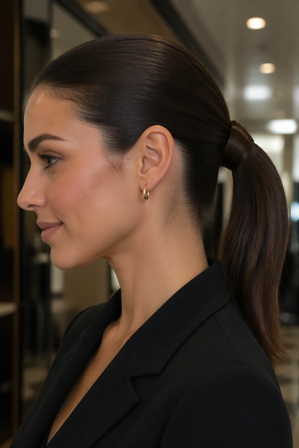 Close-up of a real woman with a sleek wrapped-base ponytail