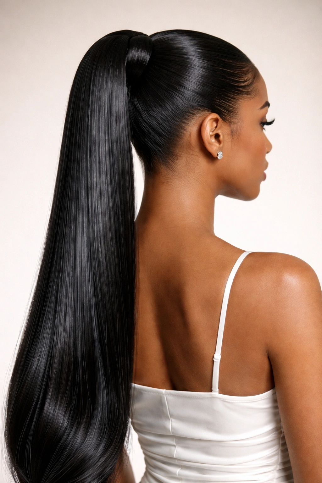 Elongated wrapped-base ponytail with a seamless, cylindrical silhouette.