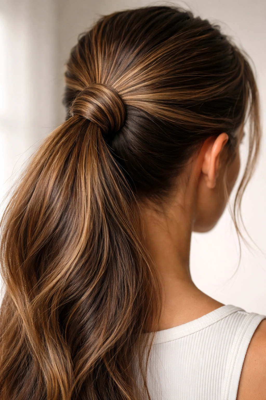 Front/side view of a ponytail base with a twisted wrapped texture