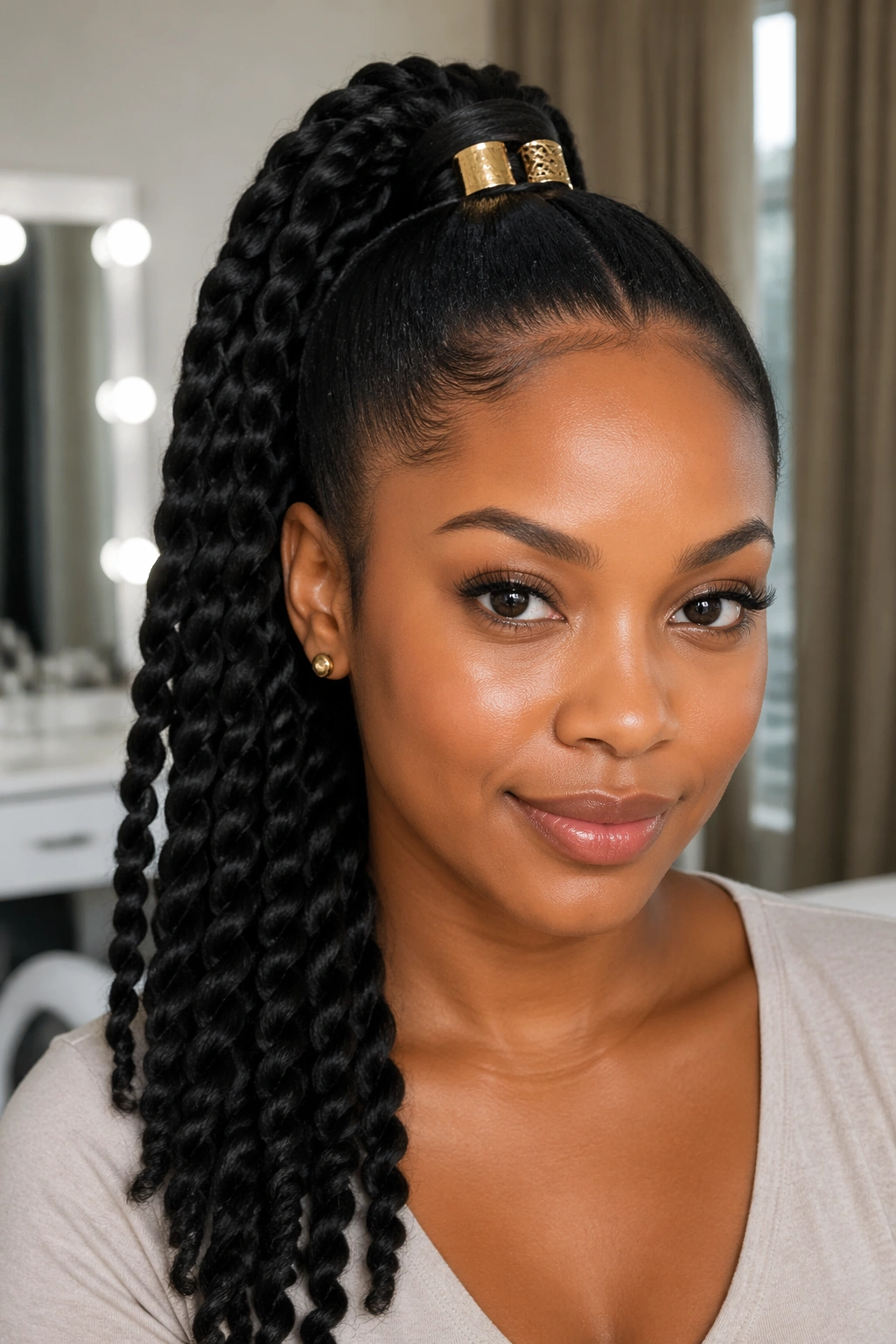 Wrapped-base twist ponytail with cuffs on a real woman
