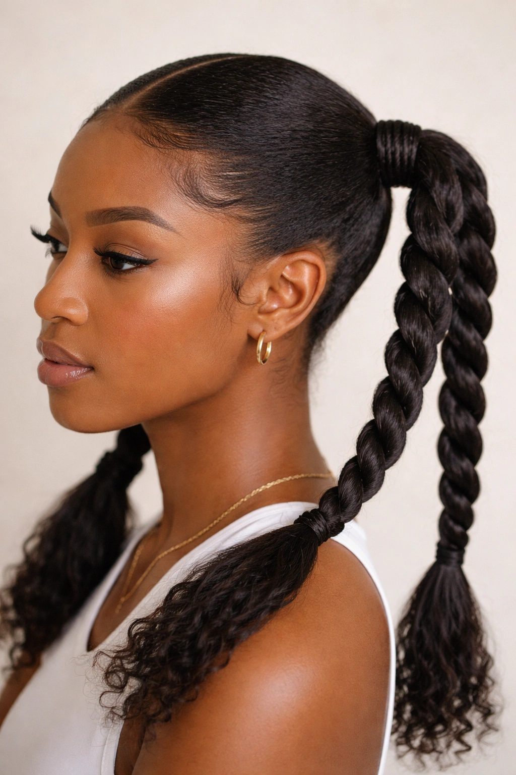 Close-up of wrapped-base twist double ponytails hiding elastic with smooth base on natural hair
