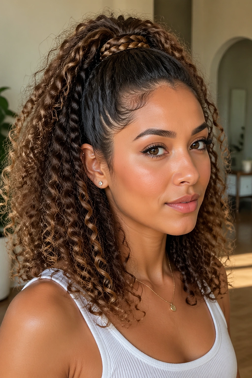 Close-up of a real woman with a braid wrapped around the base of the half ponytail