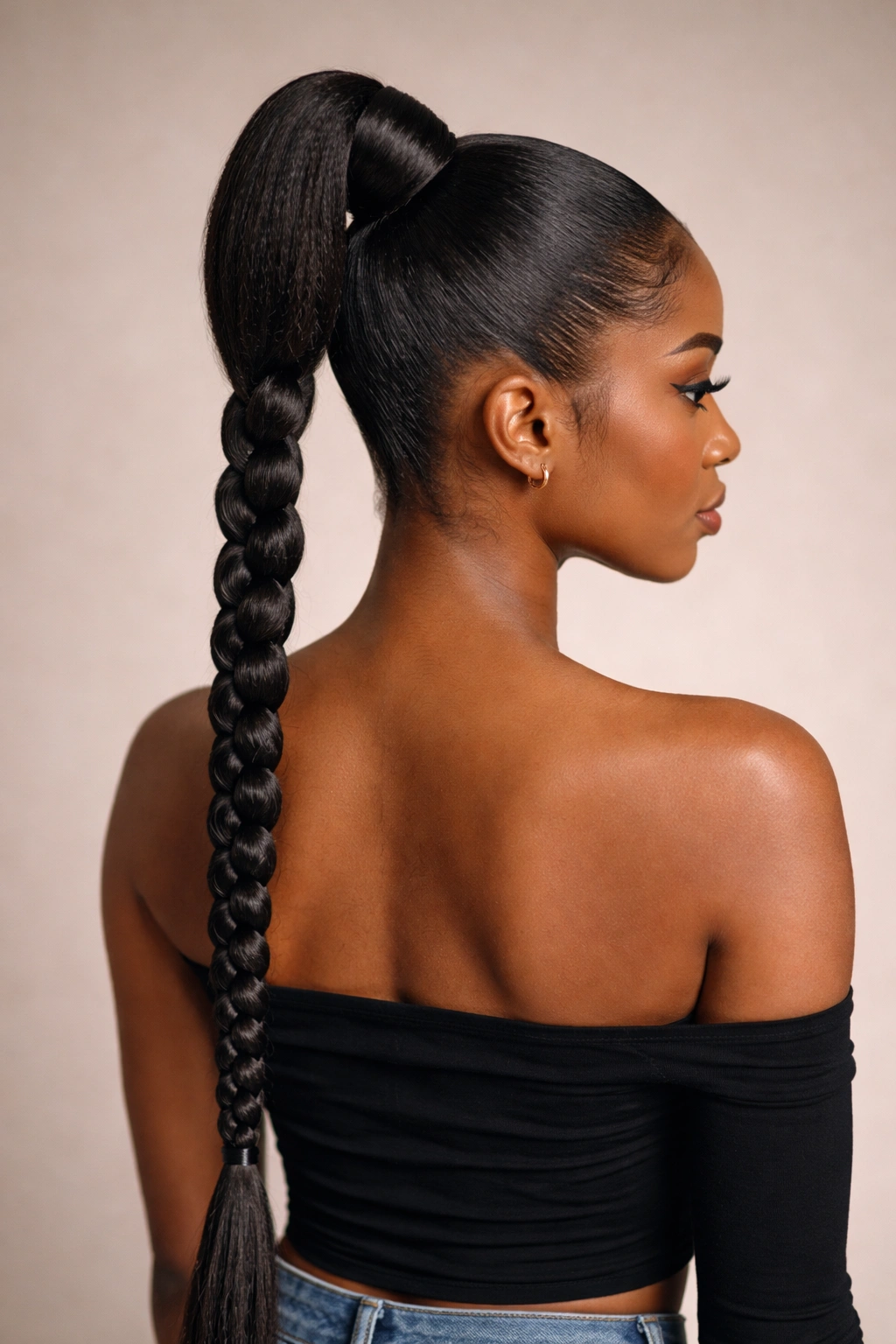 High pony with tightly braided length on 4C hair
