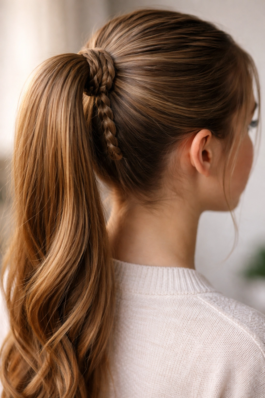 Ponytail with a braid wrapped around the base to hide the elastic