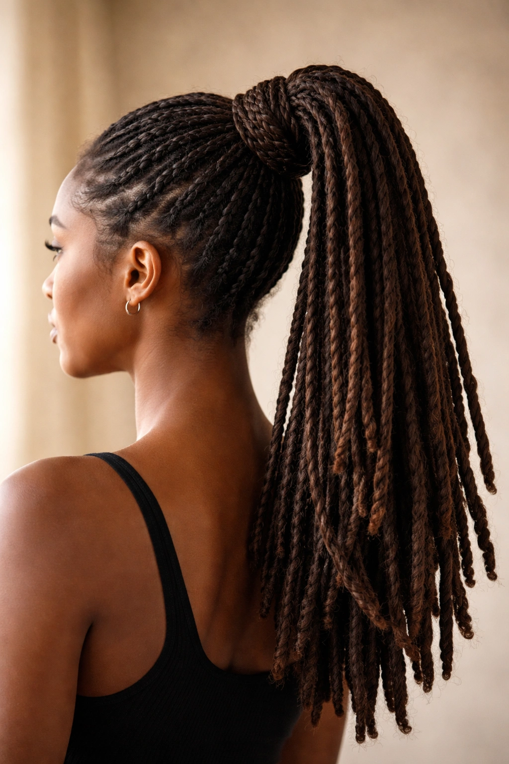Braid wrapped around ponytail base creating textured crown