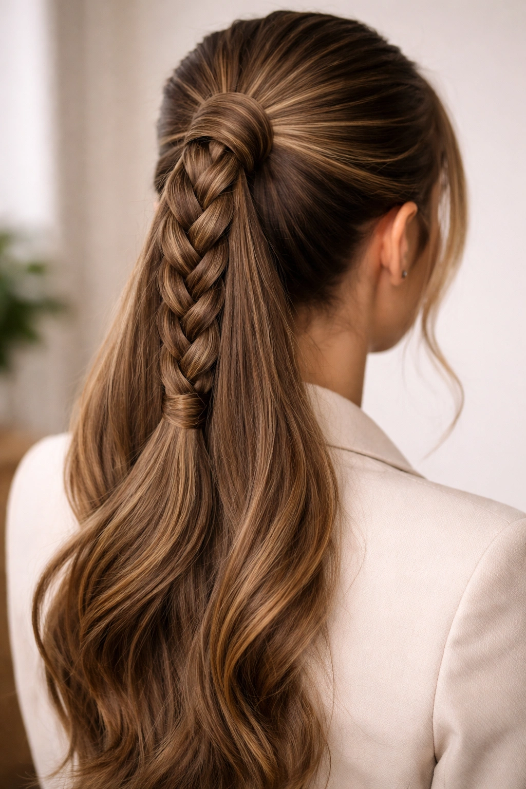 Close-up of wrapped braid ponytail showing the wrapped base concealing the elastic and smooth hair texture