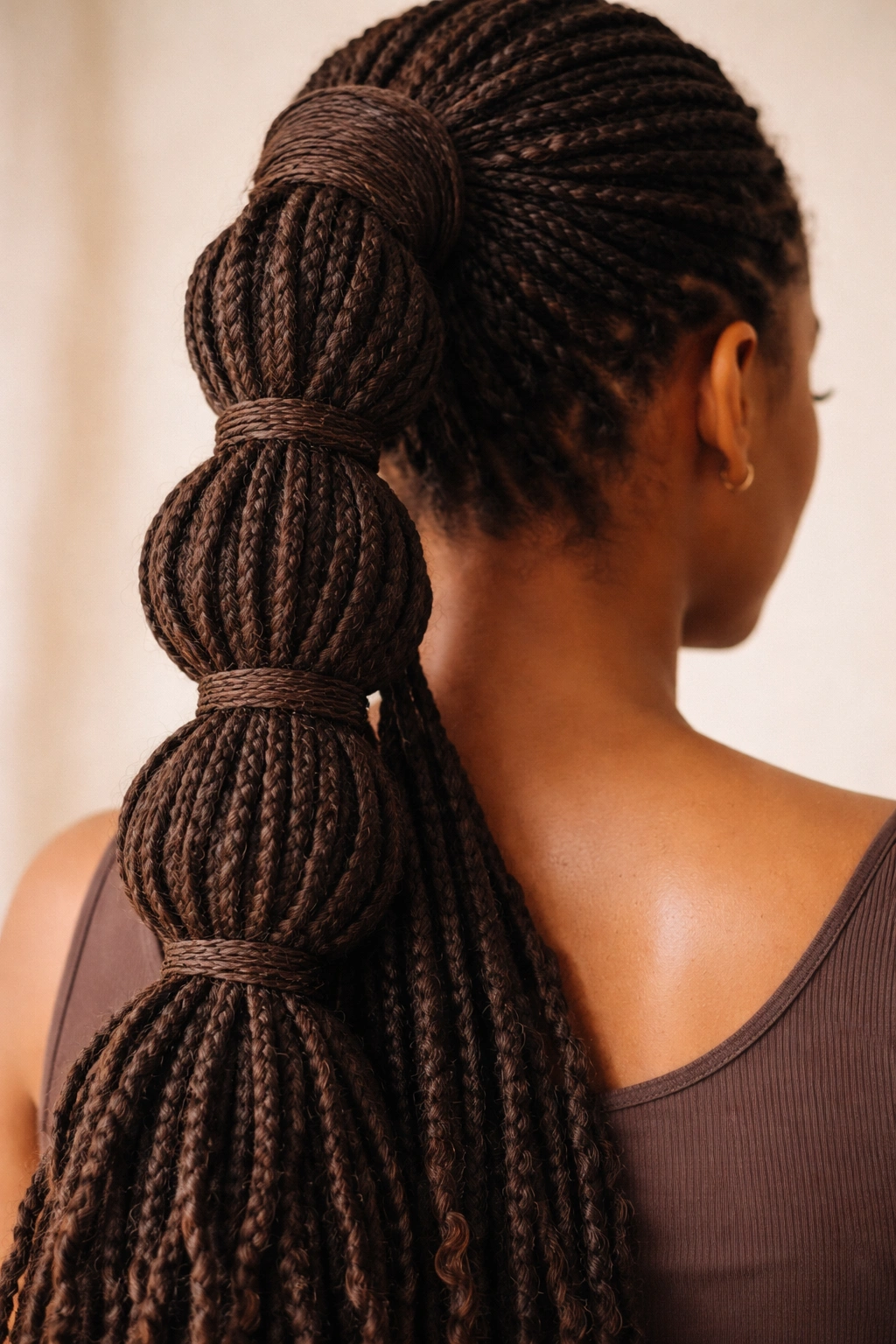 Close-up of wrapped elastic bubble ponytail on locs with concealed elastics