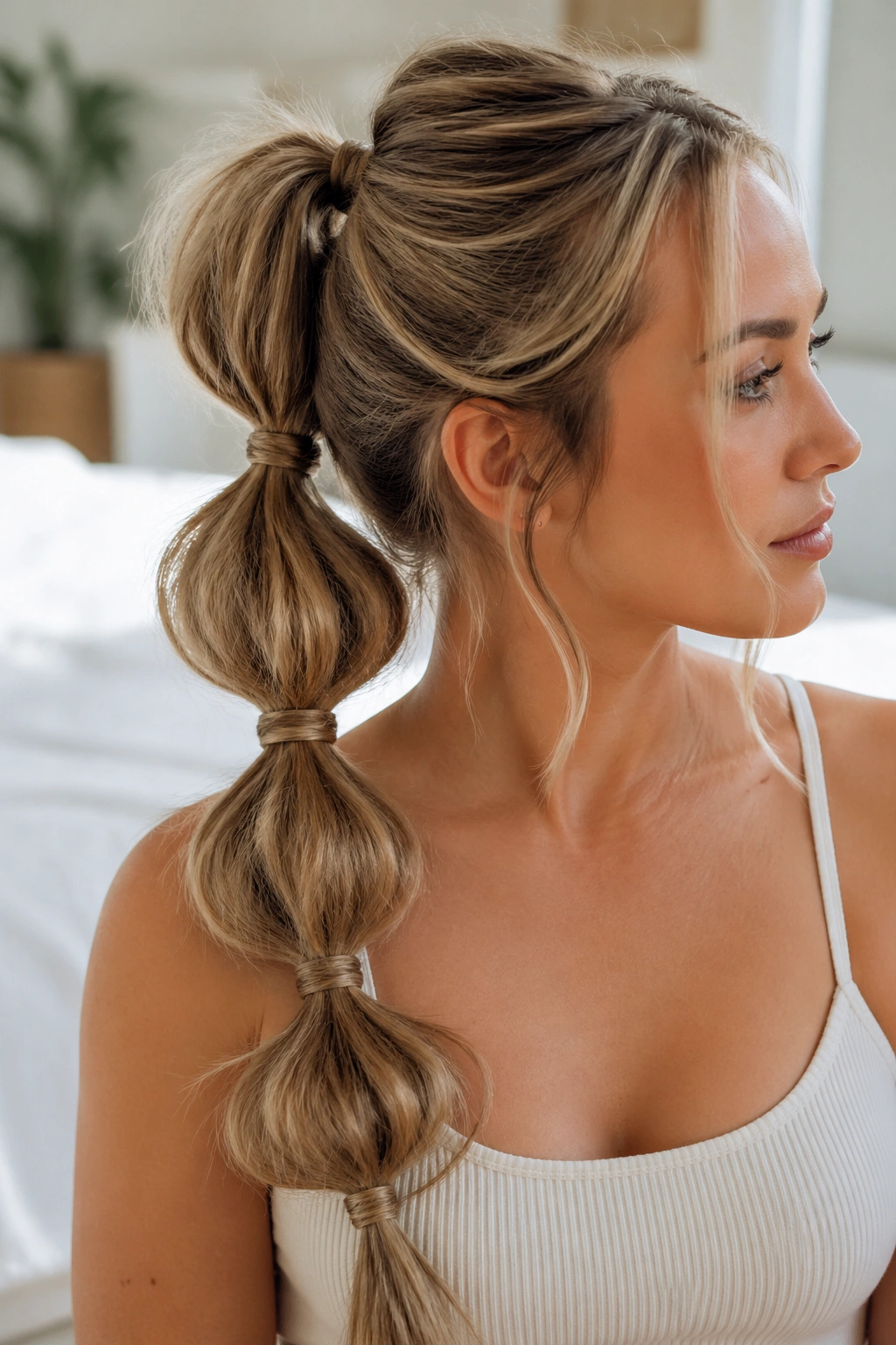 Close-up of wrapped bubble ponytail with ribbon