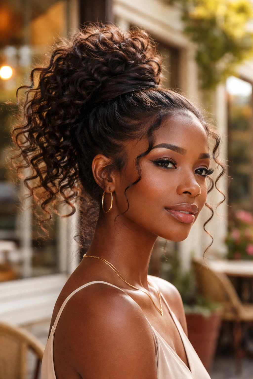 Close-up of wrapped bun with flowing natural curls on a real woman