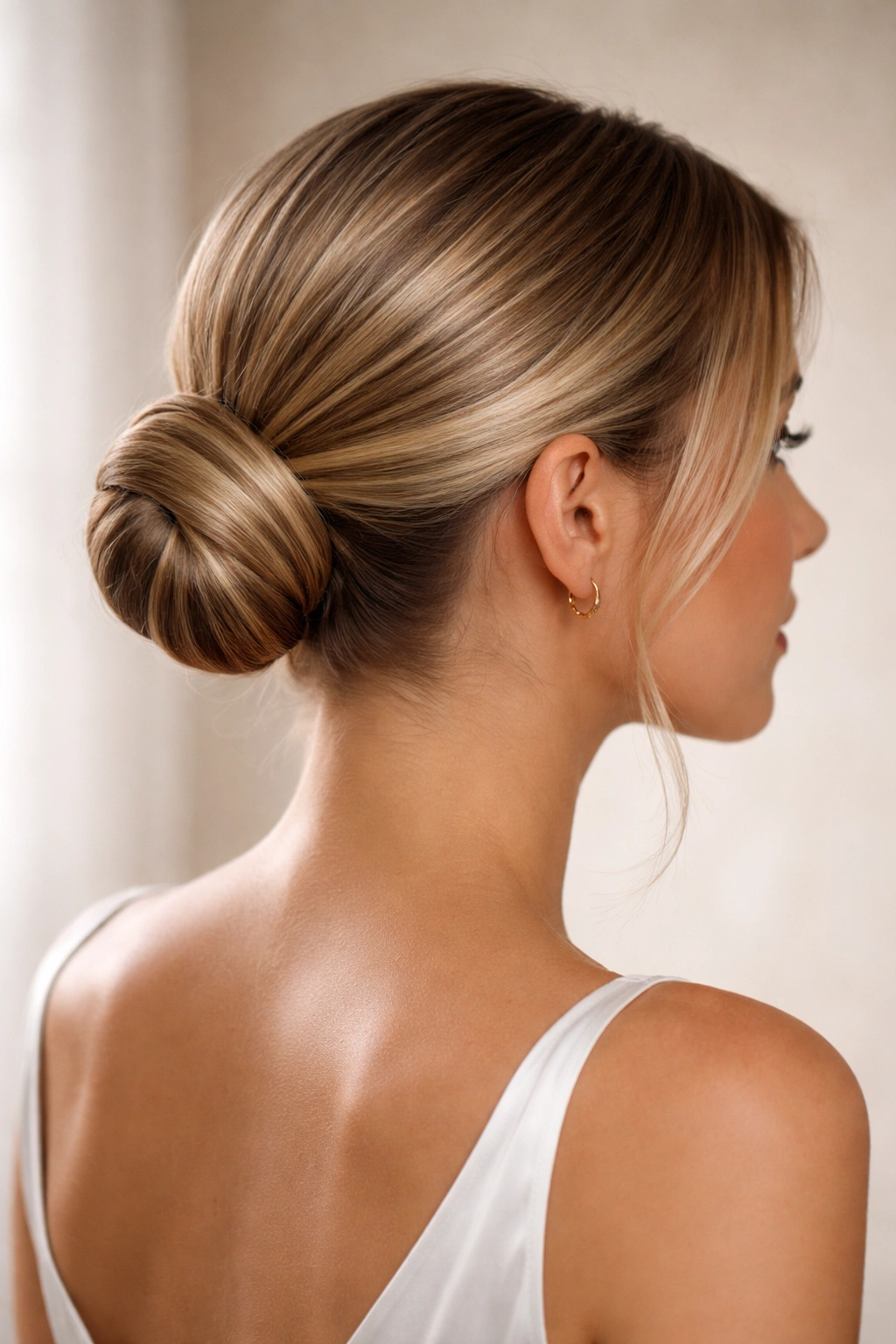 Polished chignon with wrapped base concealing the elastic