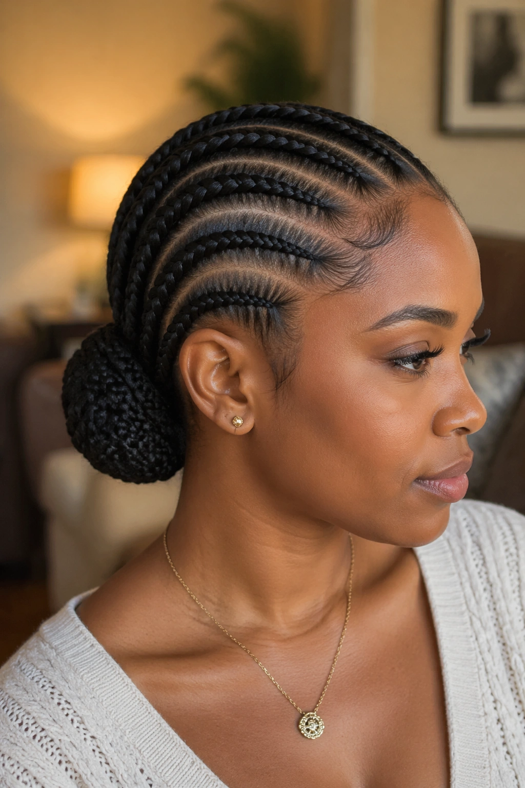Close-up portrait of a real person with a wrapped cornrow around a low bun.