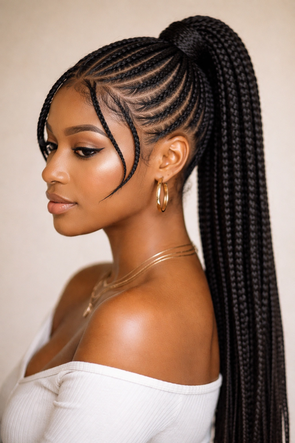 Wrapped cornrow ponytail with curved front braids.