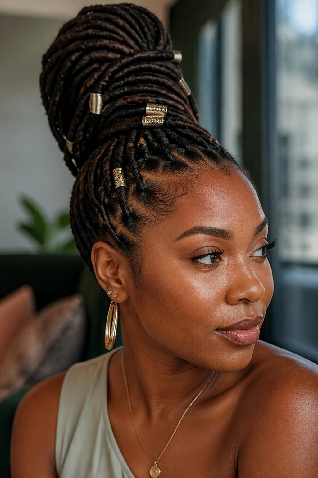 Real person wearing Wrapped Cuff Ponytail with visible metal cuffs