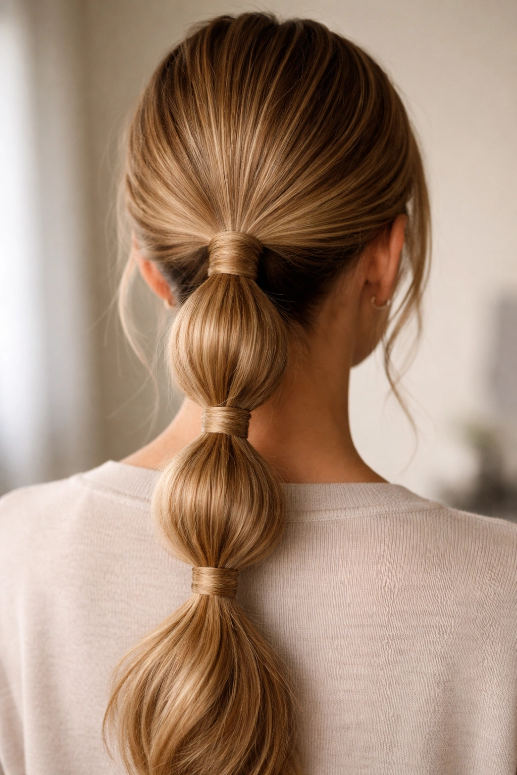 Bubble low ponytail with wrapped elastics hidden by wrapped strands