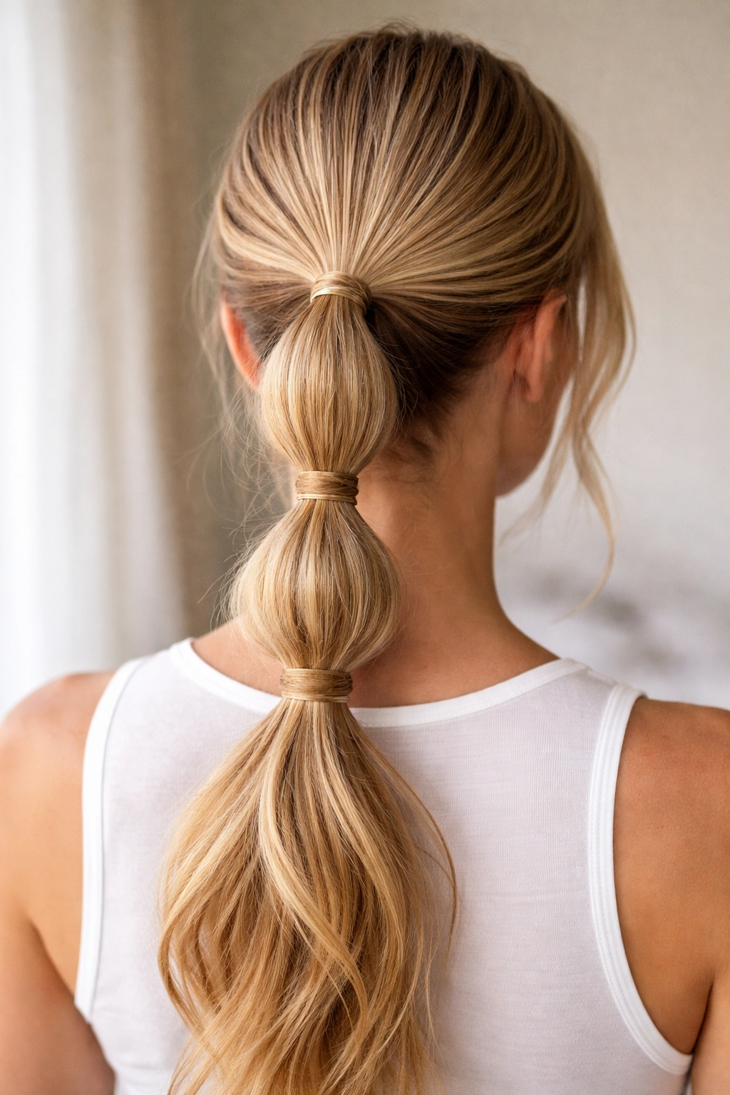 Wrapped-elastic double bubble ponytail showing wrapped strands and hidden pin