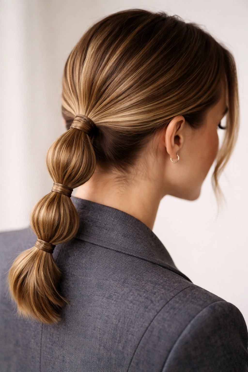 Bubble ponytail with wrapped elastics hidden by hair.
