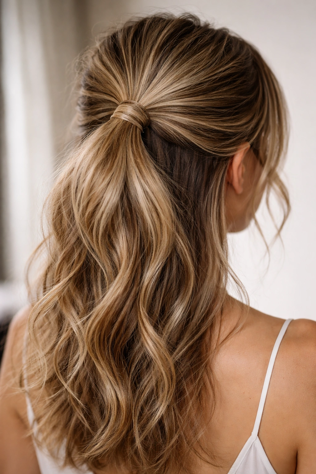Back view of wrapped elastic half up ponytail