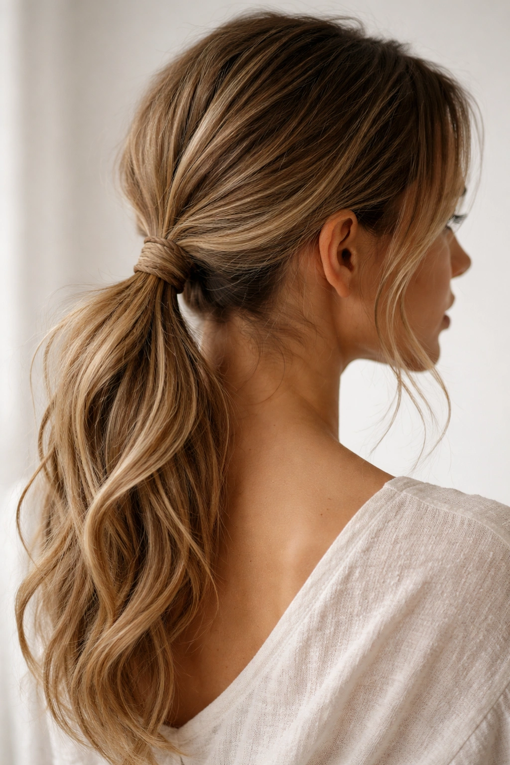 Low ponytail with a slim braid wrapped around the elastic at the base