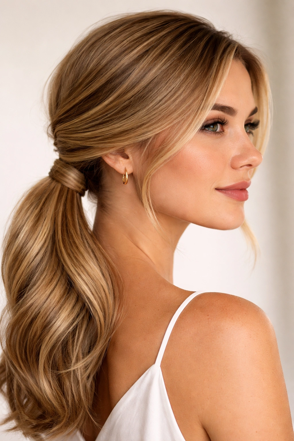 Wrapped elastic detail in a side ponytail