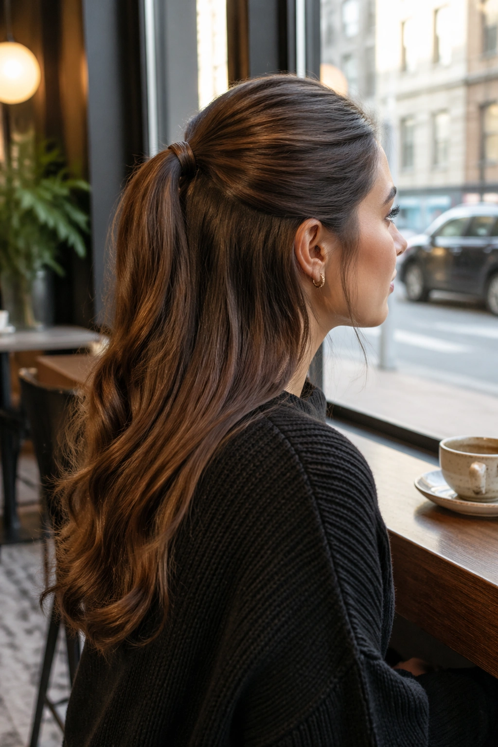 Side profile of Wrapped Elastic Half-Up Ponytail in a cafe setting.