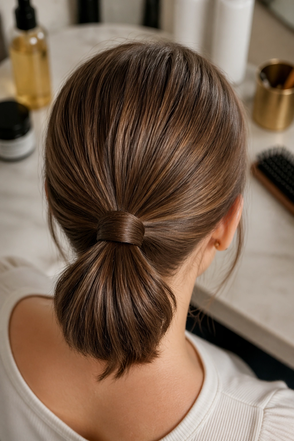 Overhead flat-lay showing wrapped-elastic ponytail technique