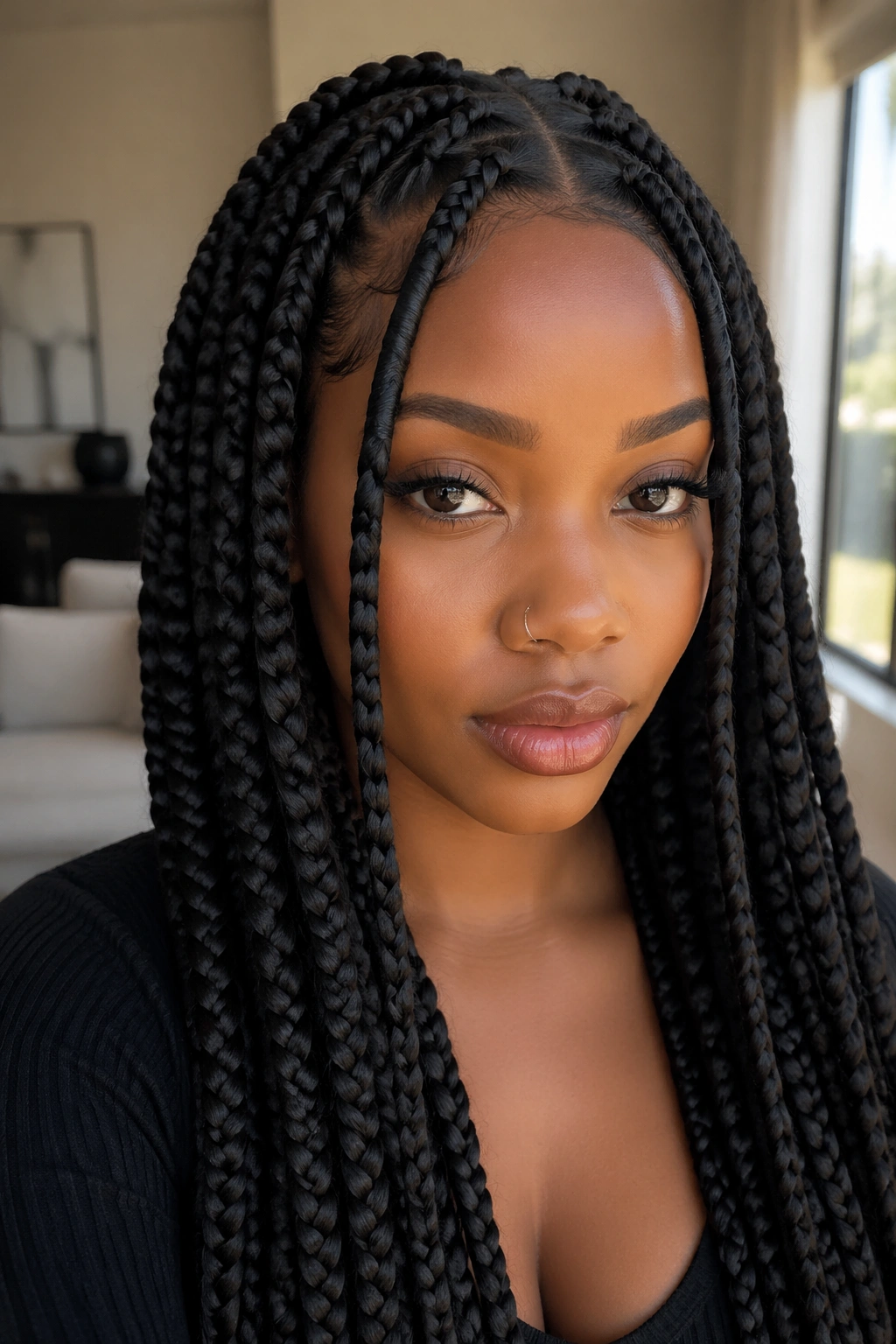 Real person with jumbo box braids featuring wrapped front pieces framing the forehead