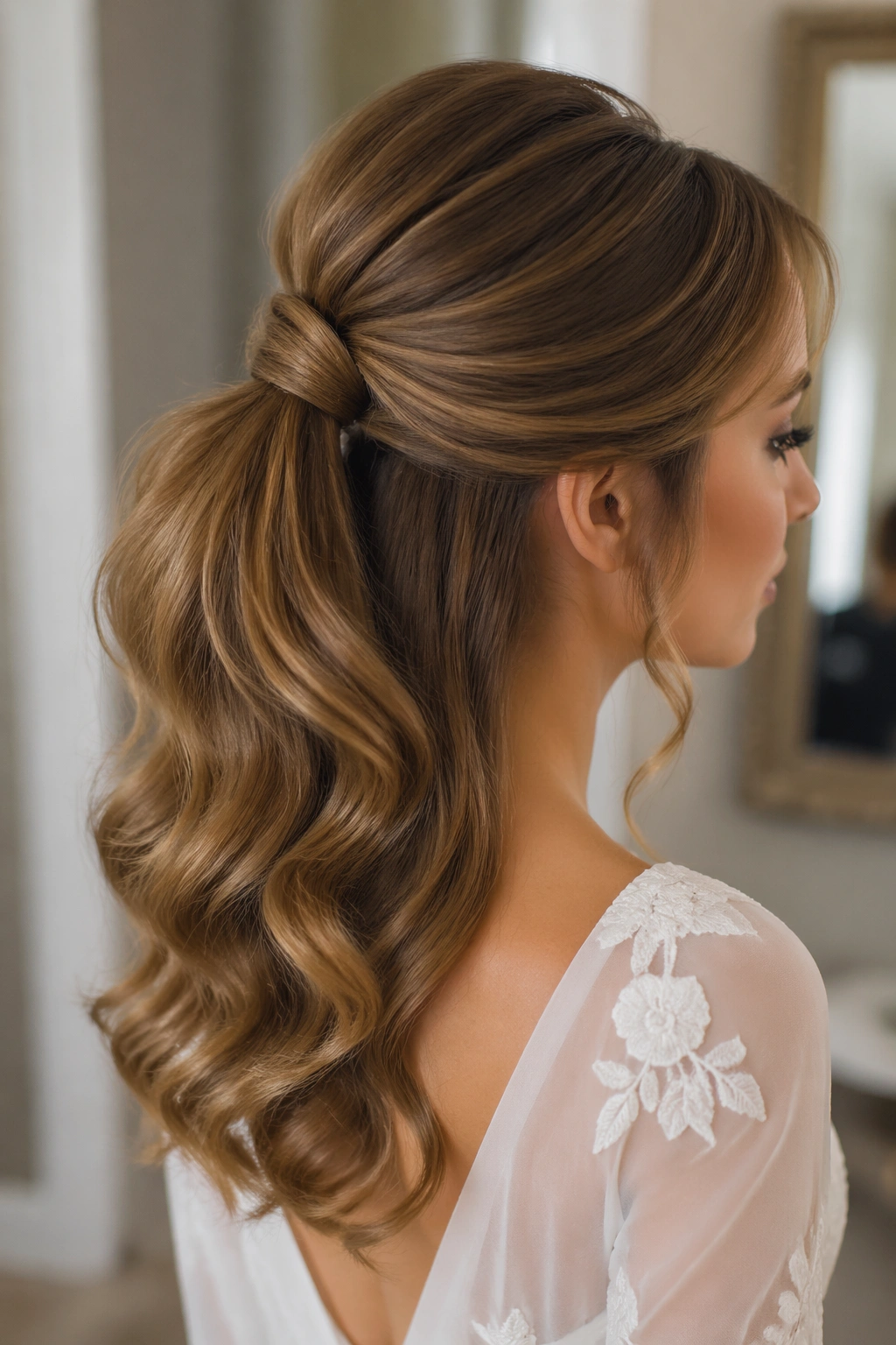 Real woman with wrapped half-up ponytail and hidden base in a wedding setting