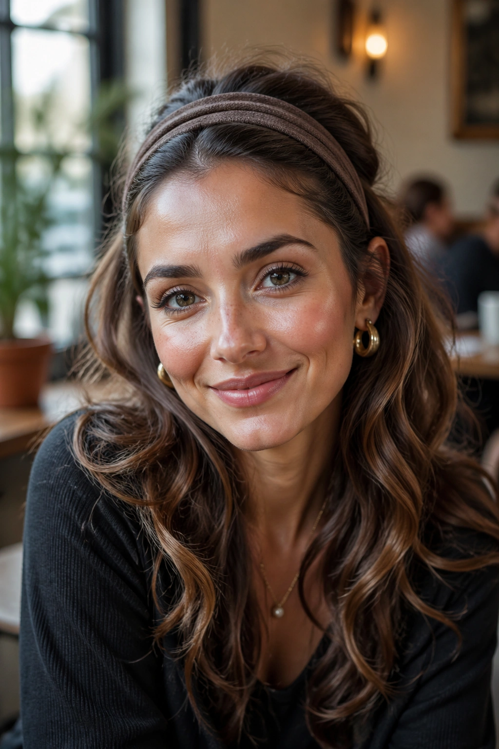 Portrait of a woman with wrapped headband waves framing the face