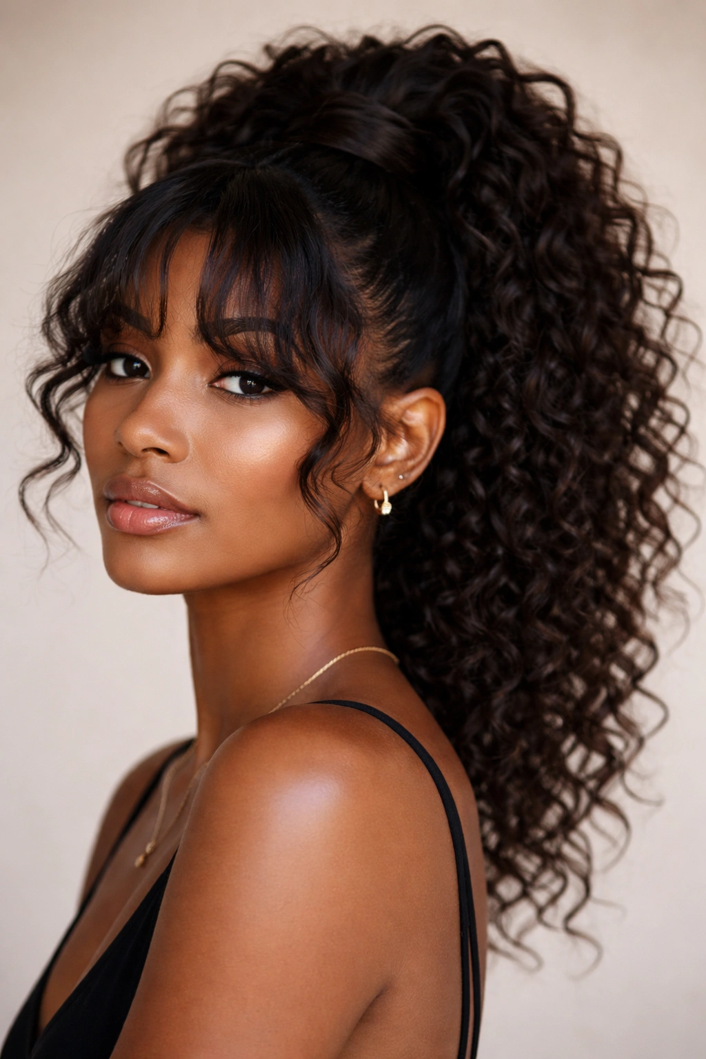 Wrapped high ponytail with curly curtain bangs on natural hair