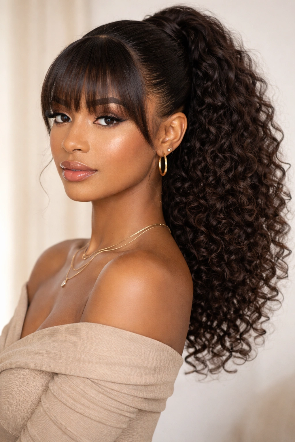 Wrapped-length ponytail with center bangs on curly hair