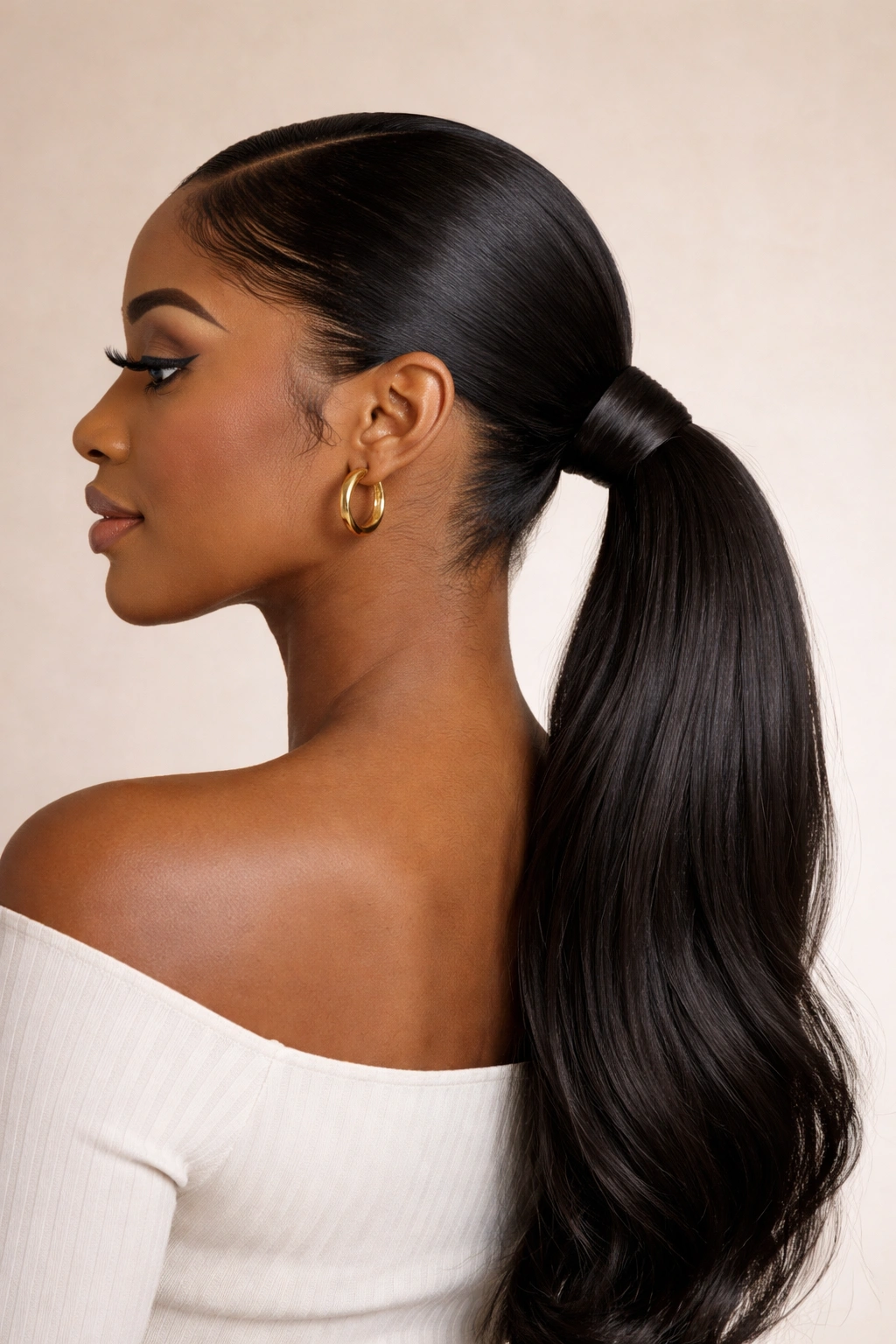 Low ponytail with a wrapped hair around the elastic