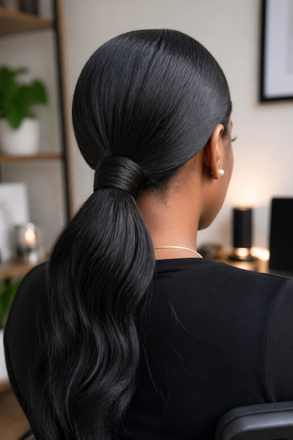 Rear view close-up of a woman with a wrapped low quick weave ponytail