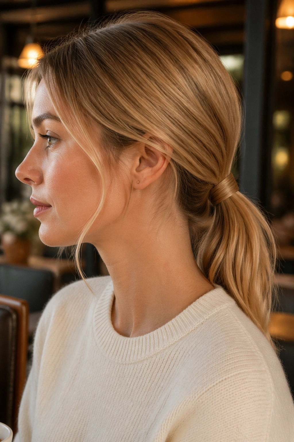 Close-up of a real woman with a wrapped low ponytail in cafe light