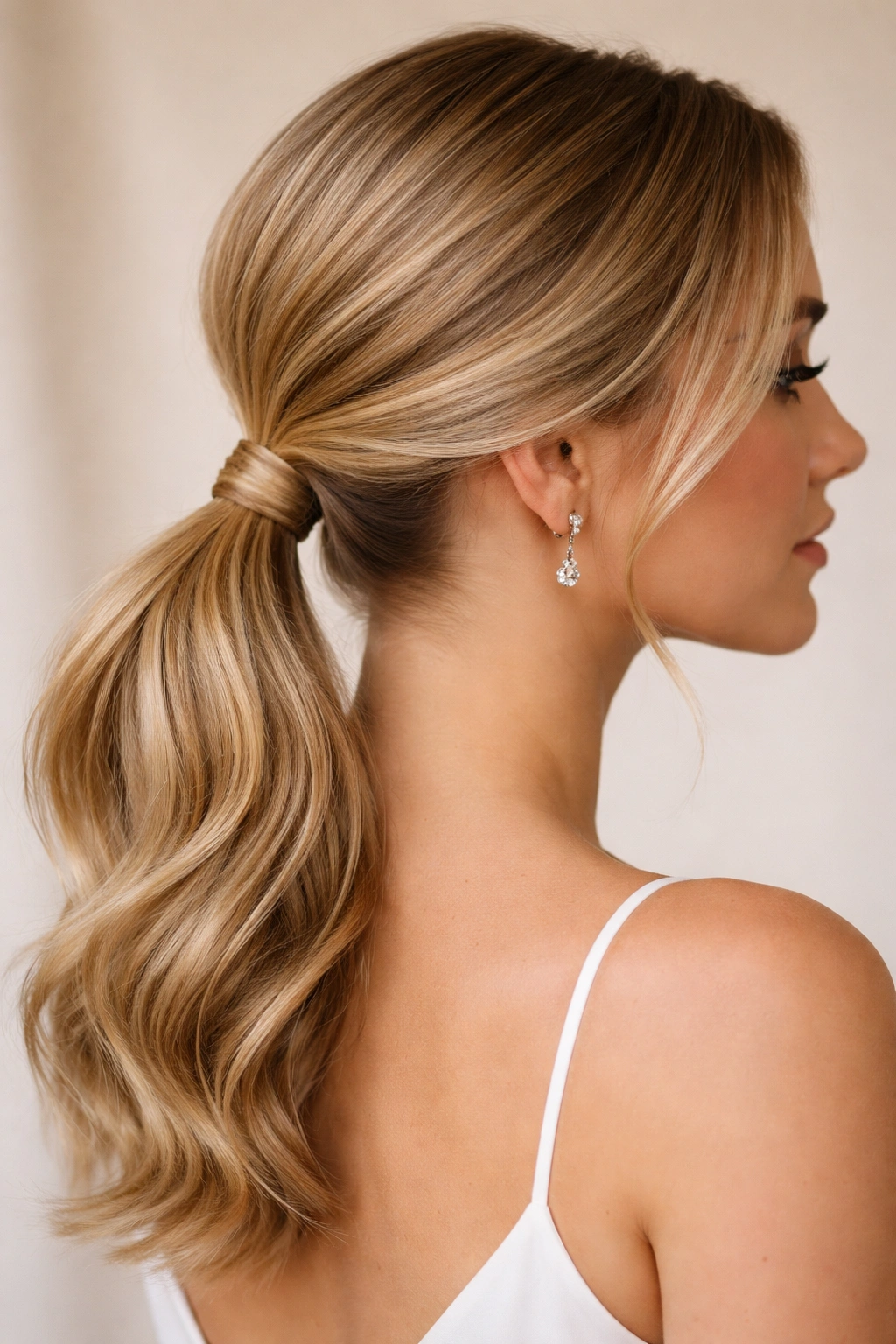 Wrapped low ponytail with hidden elastic and base wrap