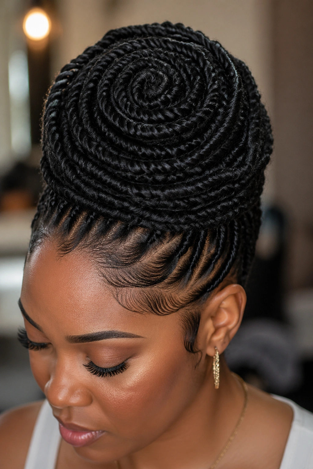Real woman with wrapped perm twist bun showing concentric spiral at the crown