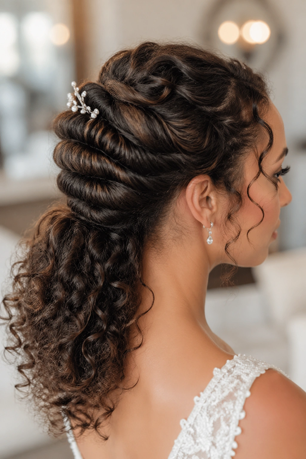 Close-up of a real bride showing a wrapped and pinned updo