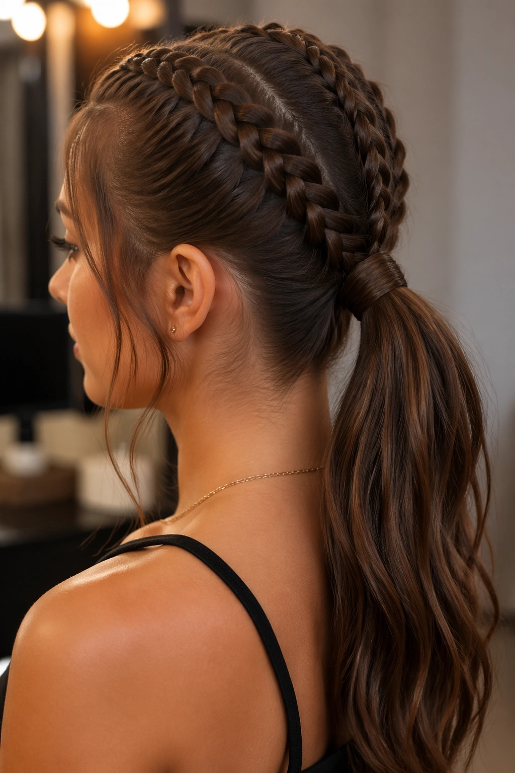 Portrait of a woman with wrapped pony base created by wrapping hair around the elastic