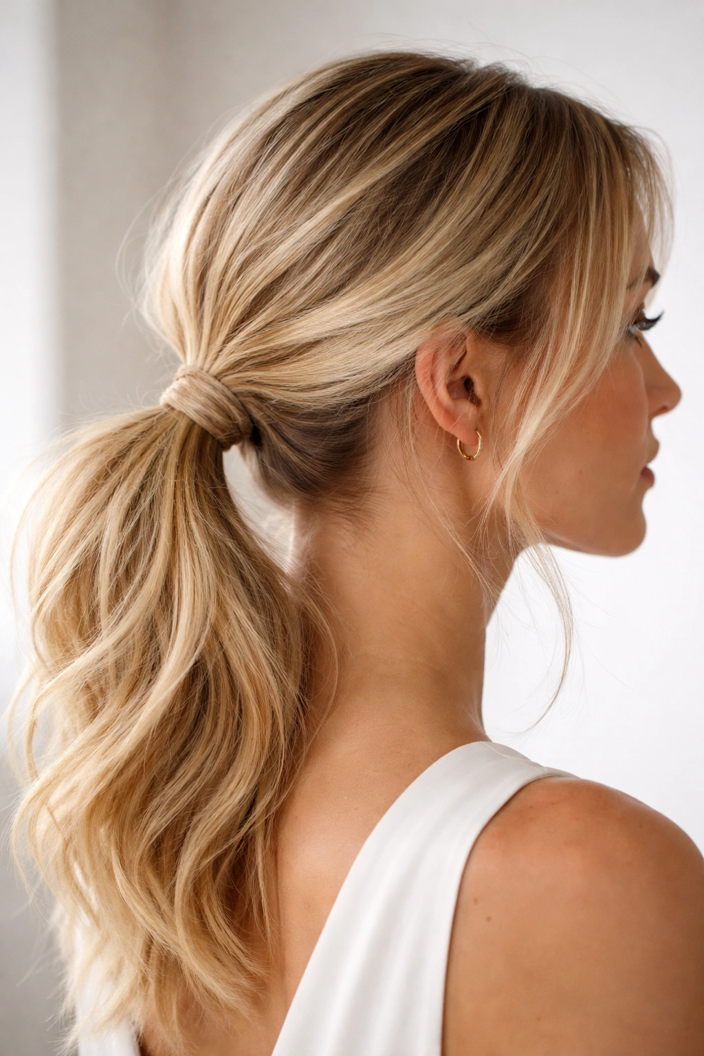 Close-up of a wrapped elastic ponytail with strand wrapped around the band