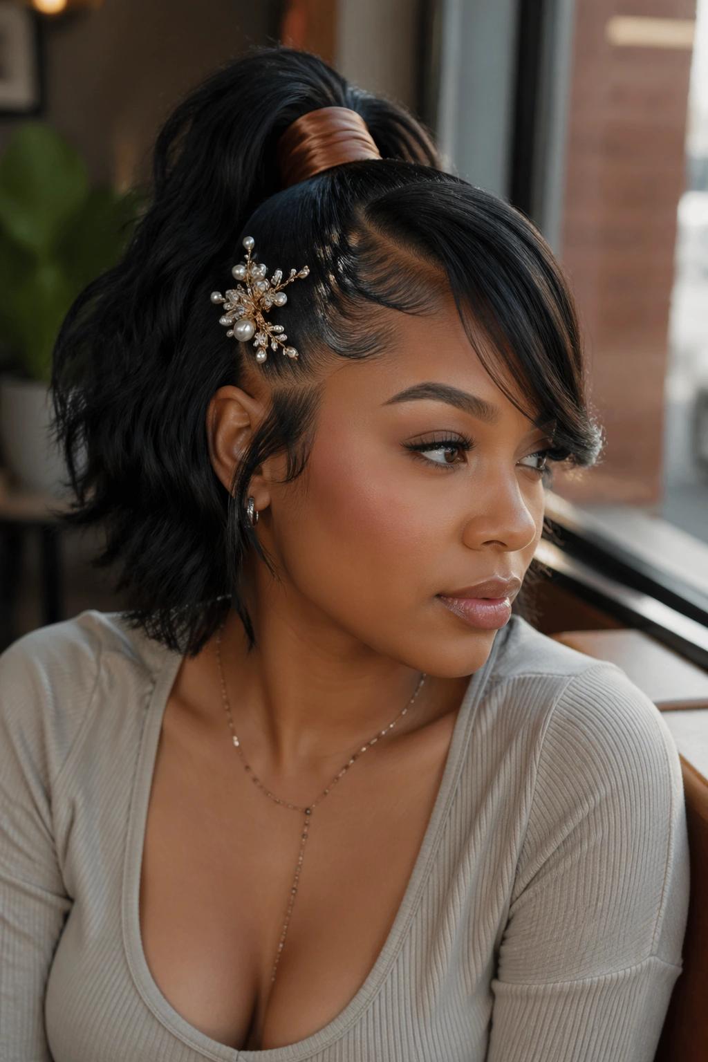 Wrapped ponytail swoop with satin wrap on a real woman