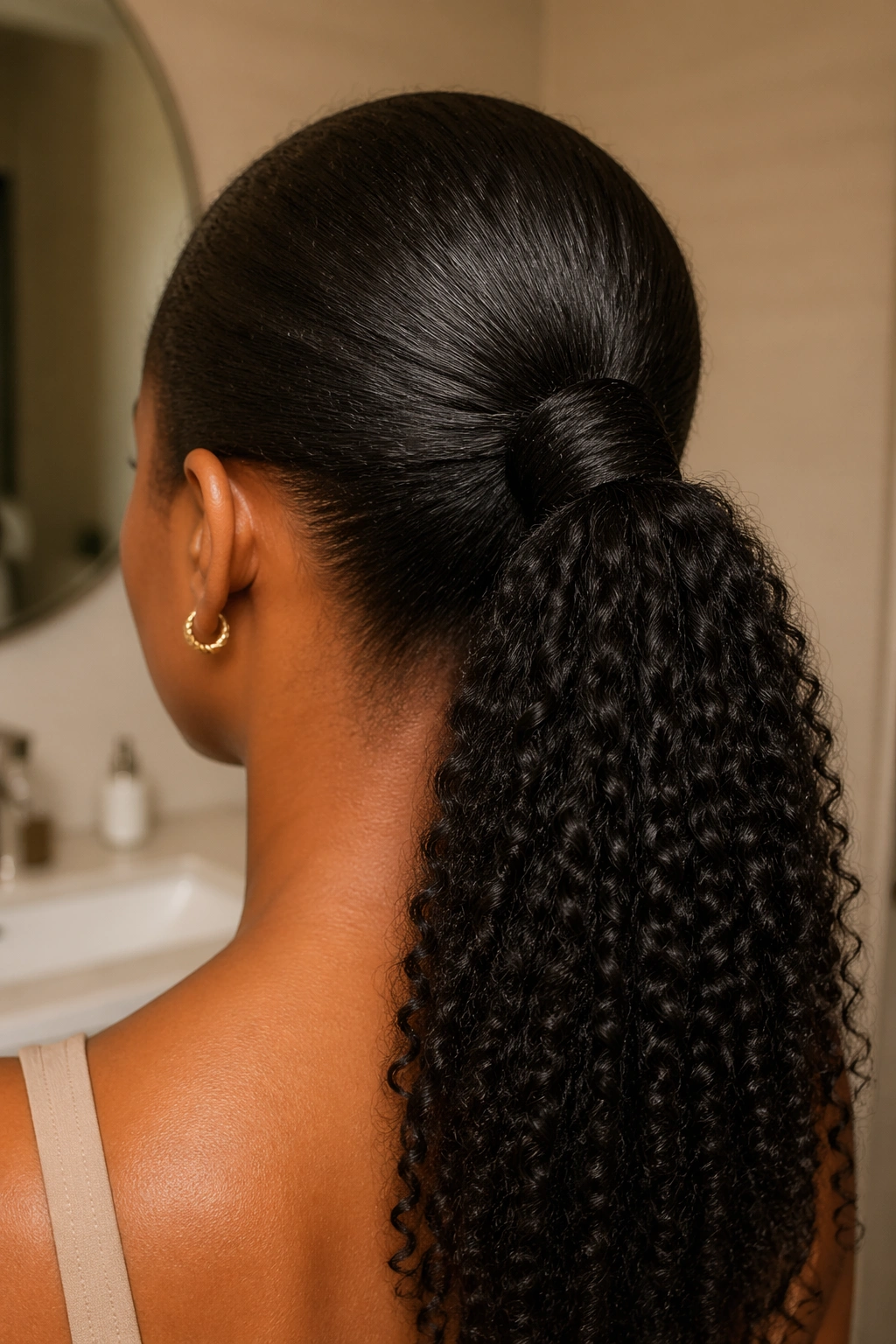 Back of head close-up showing wrapped ponytail with hair-covered base on a real woman with 4A hair