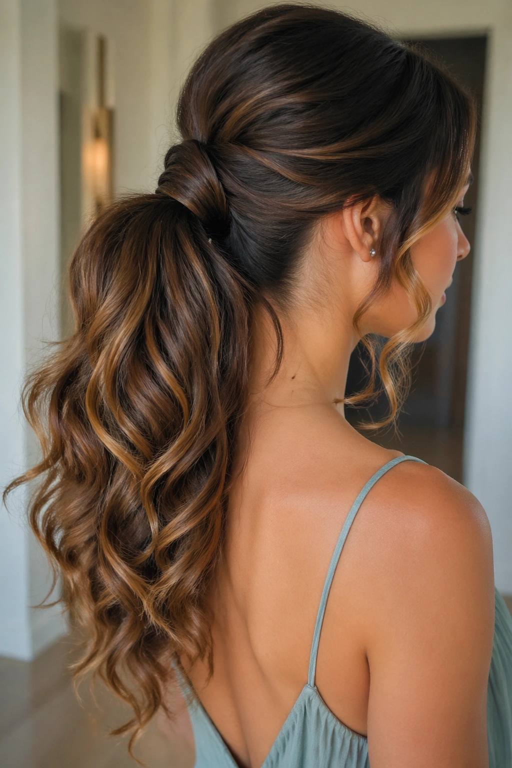 Real woman with a wavy ponytail wrapped at the base, portrait
