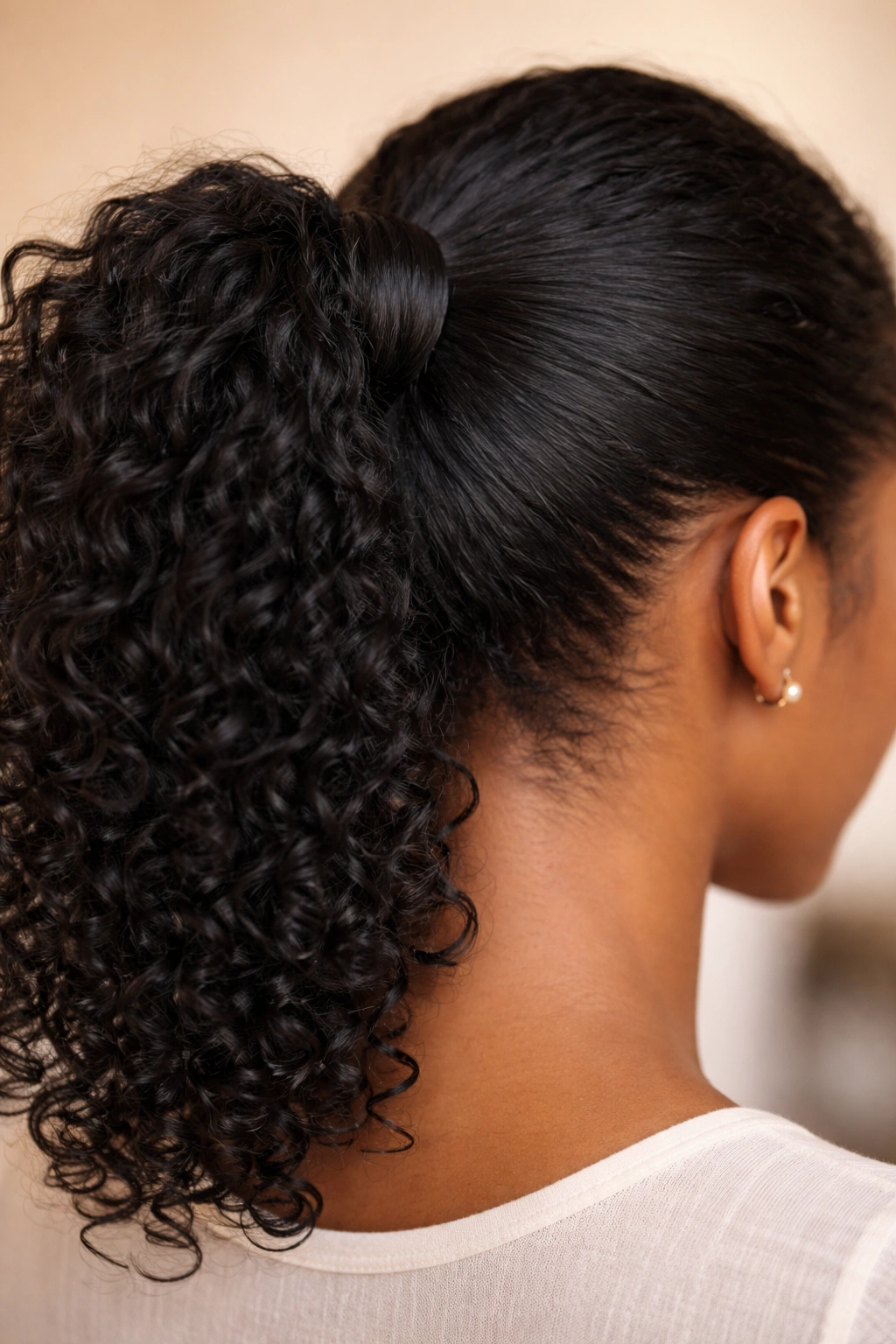 Mid-ponytail base wrapped with a hair strand to hide the elastic.