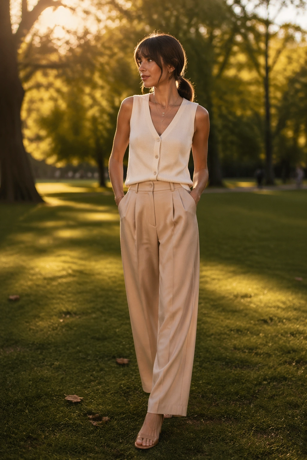 Hero shot of wrapped low ponytail with bottleneck bangs in a sunlit park