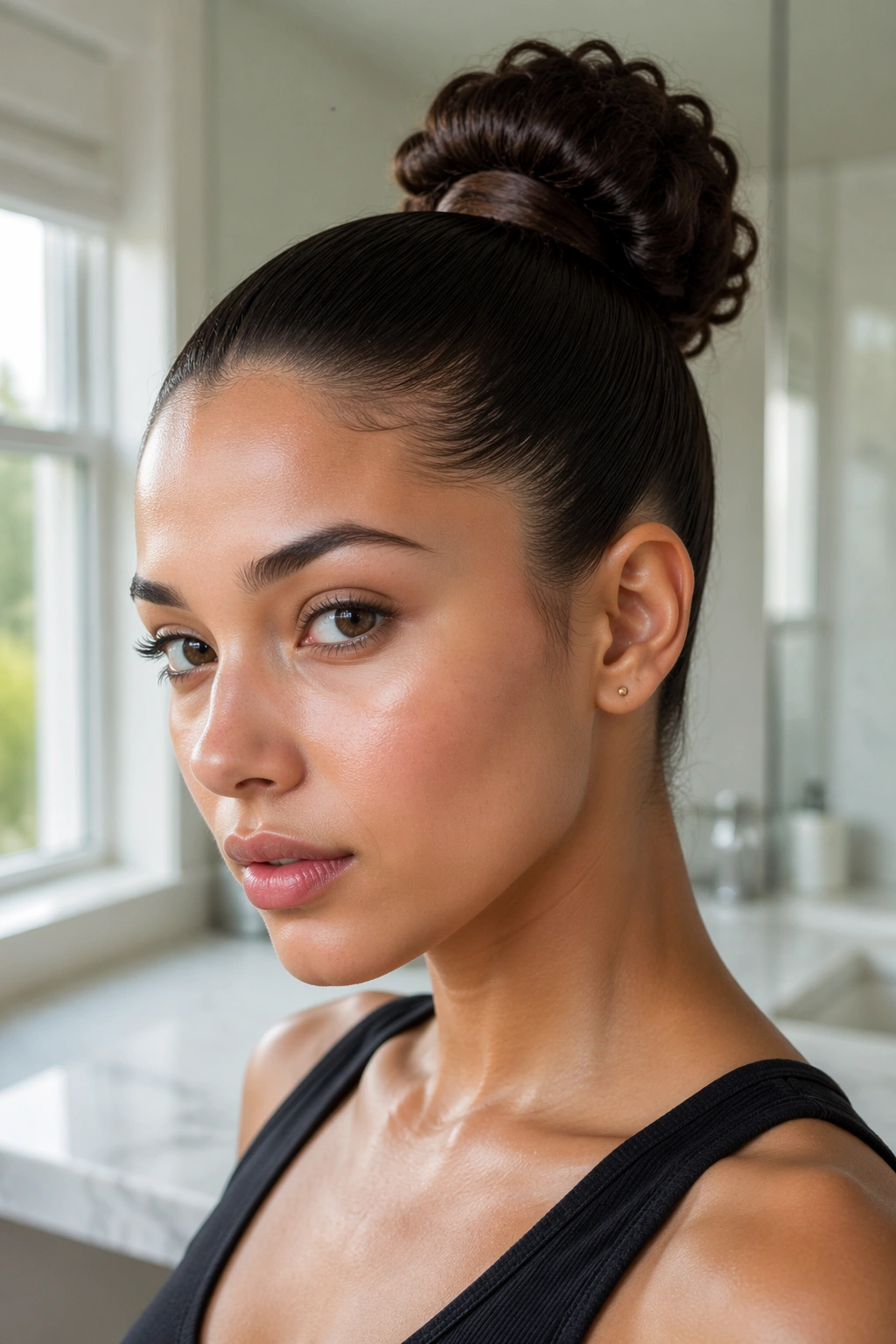 Close-up of a real woman wearing a wrapped ponytail bun with a clean base, sleek and polished hair