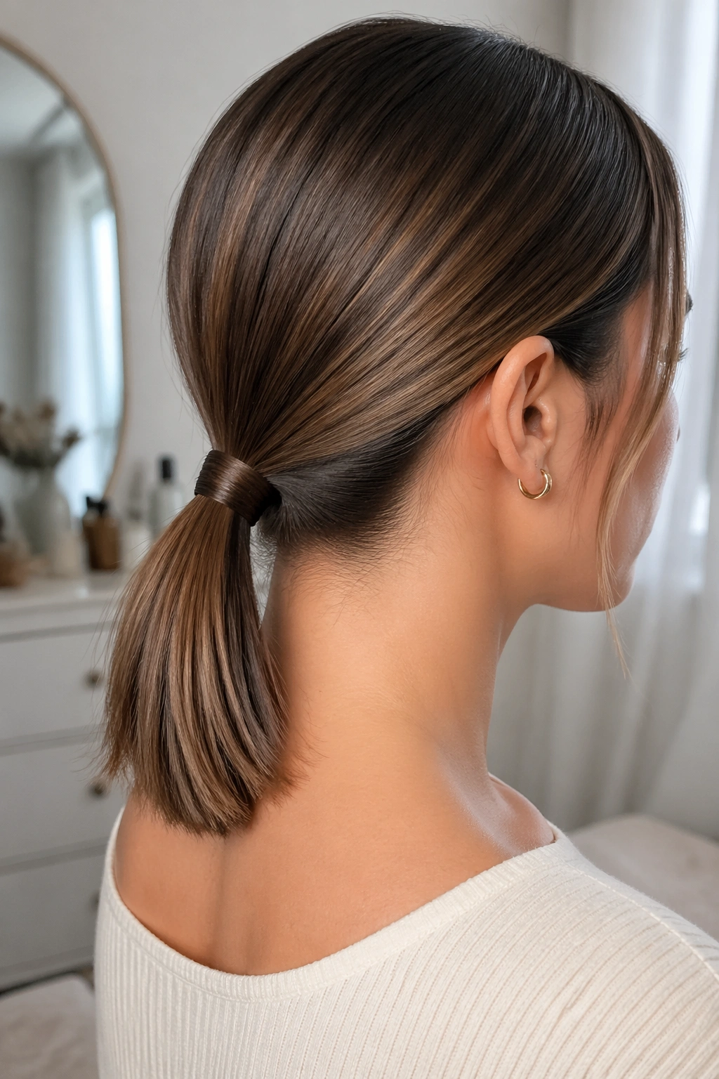 Close-up of a woman with a wrapped elastic ponytail at the base, smooth straight hair