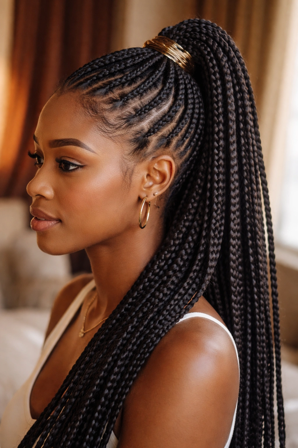 Half cornrow with wrapped ponytail base on a real person