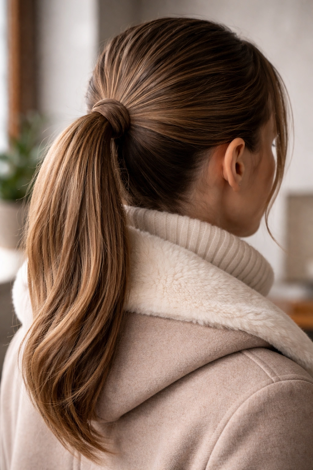 Wrapped ponytail showing a thin strand wrapped around elastic and tucked underneath.