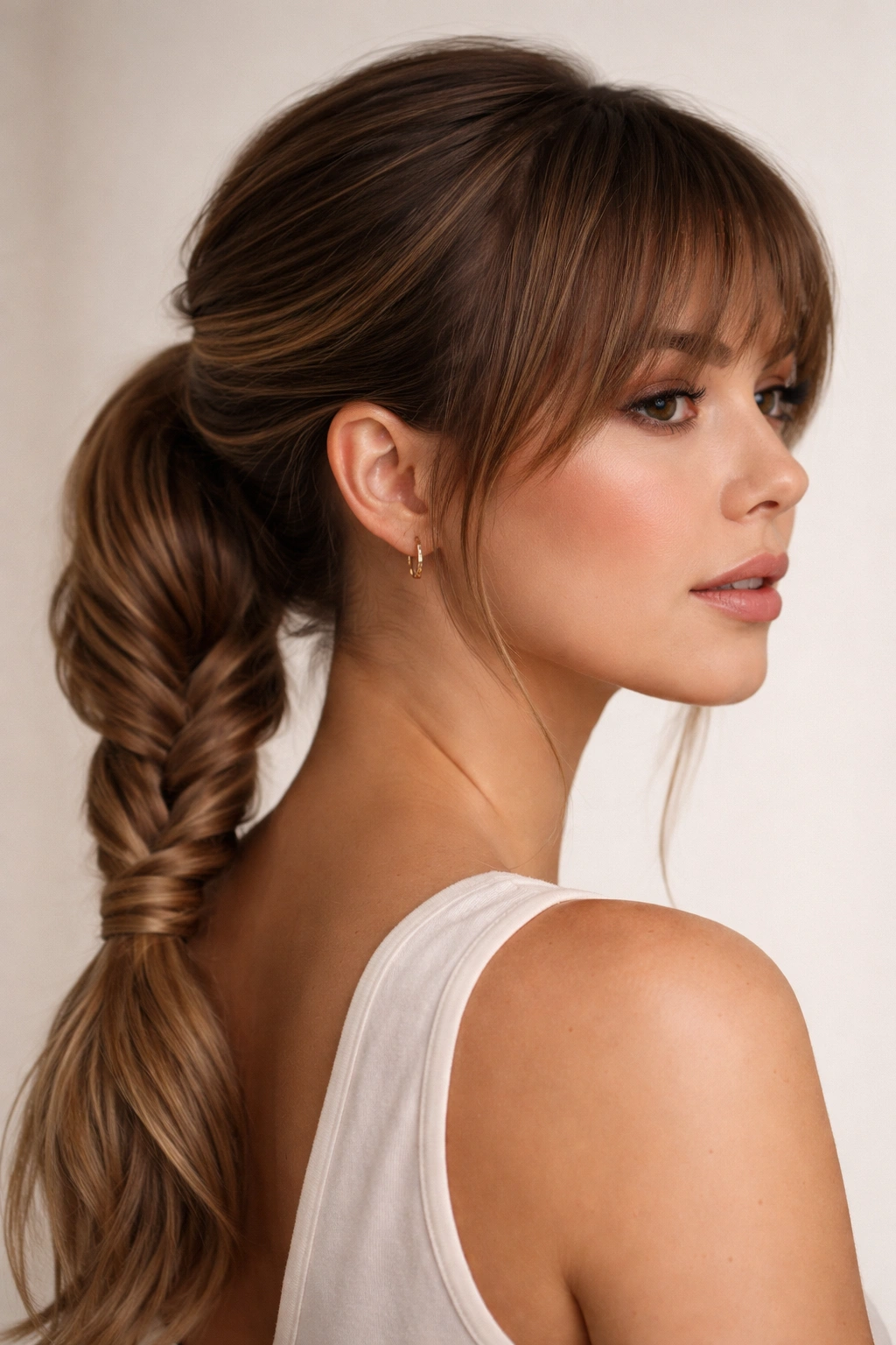 Low fishtail ponytail with wrapped base and eyebrow-grazing bangs.